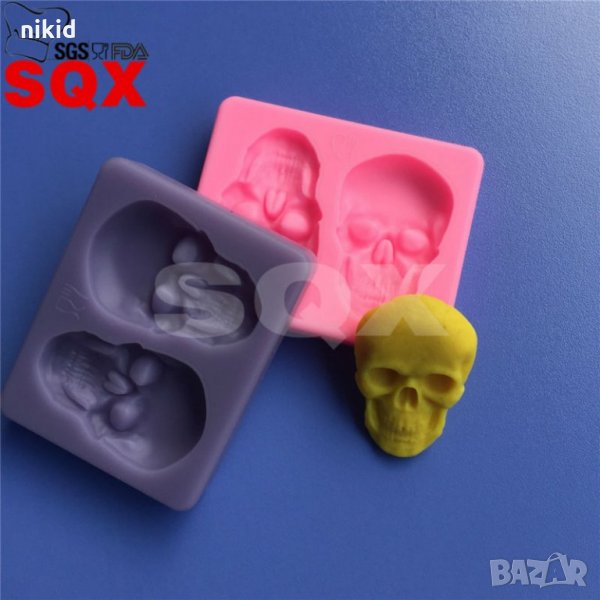 2 човешки черепа череп глави Halloween Хелоуин силиконов молд форма декор украса сладки фондан мъфин, снимка 1