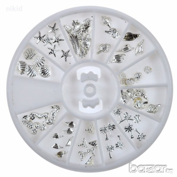 3D микс 12 вида морски декорации мида рапан палма перо сребристи за нокти маникюр, снимка 1