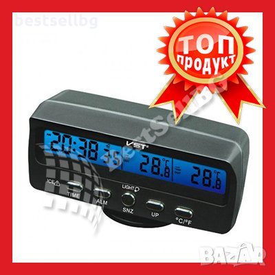 Настолен електронен дигитален светещ часовник термометър вътрешна външна температура час аларма кола, снимка 1