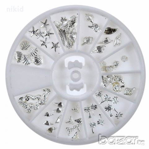 3D микс 12 вида морски декорации мида рапан палма перо сребристи за нокти маникюр