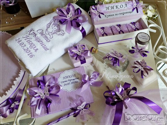 Комплект за кръщене в светло и тъмно лилаво с пеперуди, снимка 3 - Подаръци за кръщене - 16187976