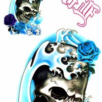 временна татуировка с черен череп и сини рози, снимка 1 - Други - 17914859
