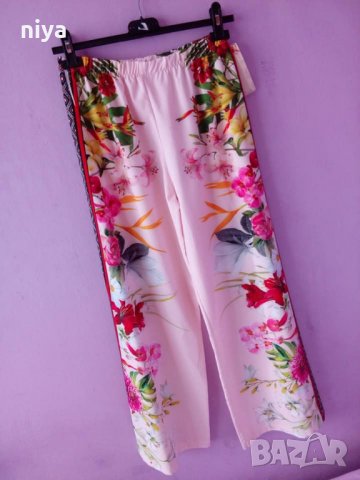 Сатенен панталон със флорални мотиви в бледо розов цвят, снимка 2 - Панталони - 25642902