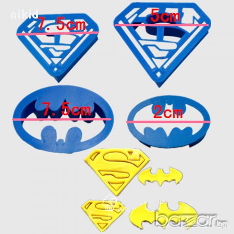 форми пластмасови 4бр. резци резец форма герои Батман Супермен за фондан шоколад тесто сладки мъфини, снимка 2 - Форми - 16285731