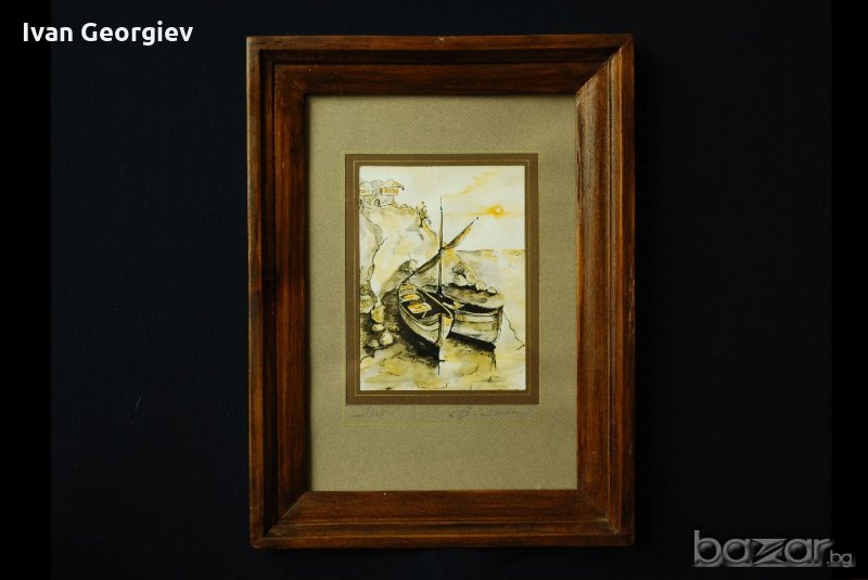 Стара картина, туш и акварел, Лодки, Р. Стайкова, снимка 1