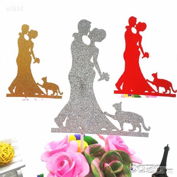 младоженци с котка брокатен хартиен сватба топер украса табела за торта декорация, снимка 1
