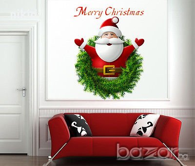 Merry Christmas Коледен венец Дядо Коледа стикер постер за стена и мебел лепенка декор, снимка 1