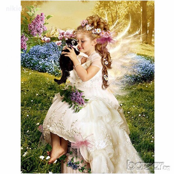 Момиче с коте 5D диамантен гоблен картина мозайка за направа по схема с камъчета, снимка 1