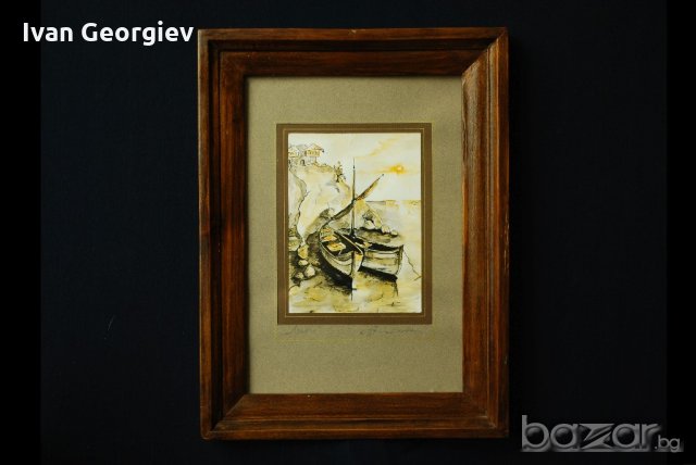 Стара картина, туш и акварел, Лодки, Р. Стайкова, снимка 1 - Картини - 21313884