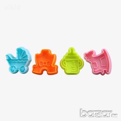 4 бр резци бебешки количка конче биберон боди резец за украса фондан декор торта бутало форма, снимка 2 - Форми - 13415070