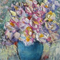 Цветя в синя ваза  масло / платно Art by MiMa картина kartina painting__108, снимка 1 - Картини - 25271904