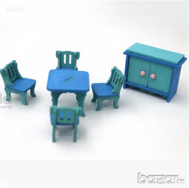 комплект за детска играчка дървена къща обзавеждане шкаф маса столове , снимка 1