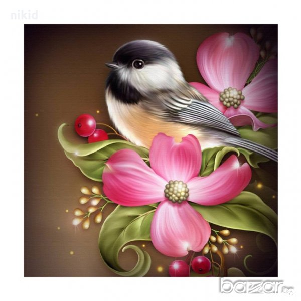 врабче с цветя 5D диамантен гоблен картина мозайка за направа по схема с камъчета, снимка 1