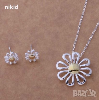 сет гривна и обеци маргаритки посребрени печат 925, снимка 1
