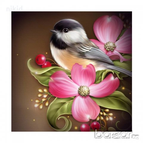 врабче с цветя 5D диамантен гоблен картина мозайка за направа по схема с камъчета