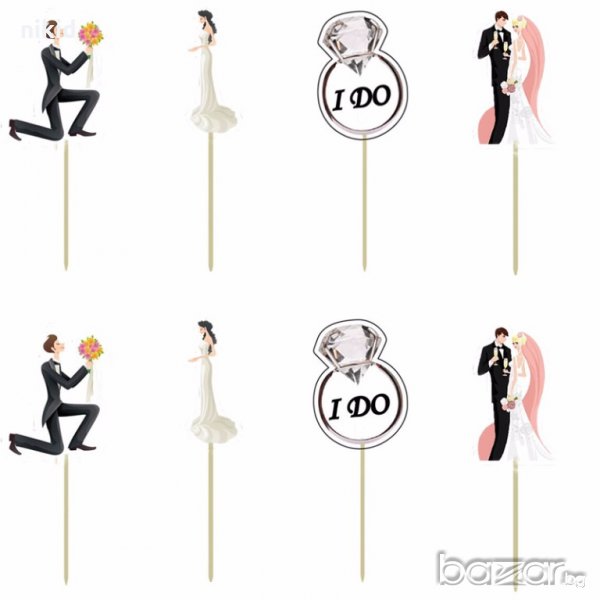 24 бр булка младоженец букет халка I DO сватба топери с клечка украса декорация за мъфини кексчета, снимка 1