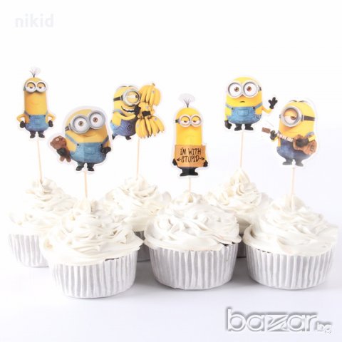 Миньоните и глупчо 24 бр топери клечки за мъфини декорация и украса