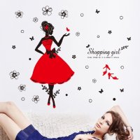 Shopping Girl  Дама с червена рокля стикер постер за стена и мебел лепенка декор самозалепващ, снимка 2 - Други - 24186120