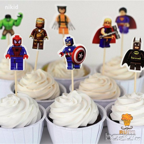 24 бр топери клечки с LEGO  Лего Батман Марвел Капитан Америка Хълк за мъфини декорация, снимка 1