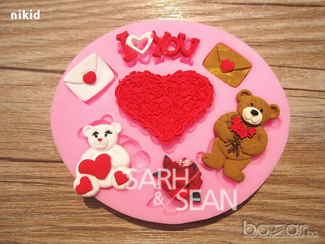 мече писмо I love you Свети Валентин сърце силиконов молд форма фондан декор 