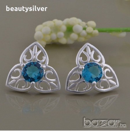 Сребърни обеци и пръстен със зелен или син Цирконий, код 0519, снимка 7 - Бижутерийни комплекти - 11006143