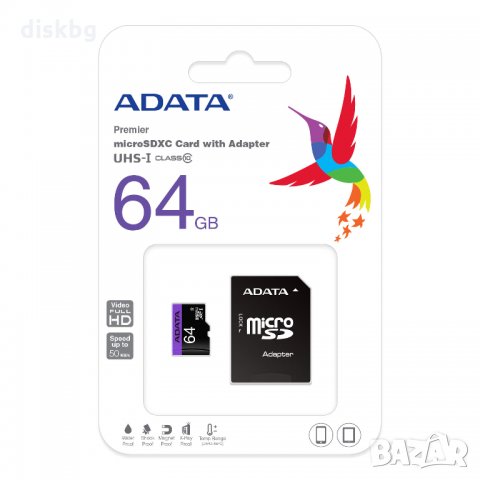 Бърза MicroSD 64GB ADATA Class10 - нова карта памет, запечатана, снимка 2 - Карти памет - 21854829