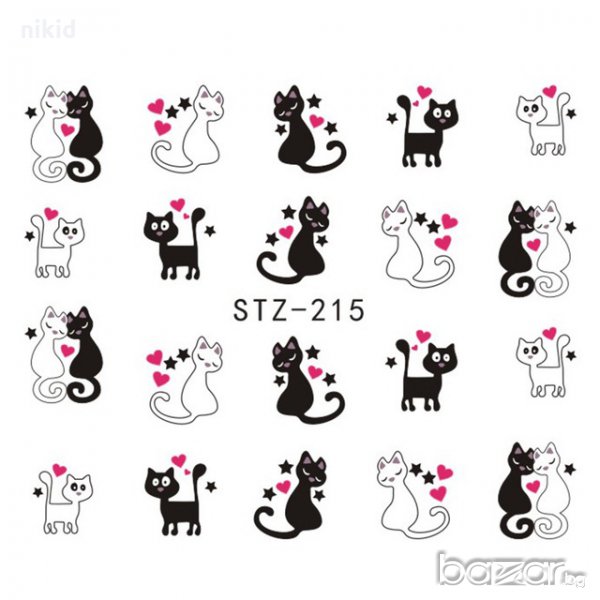 STZ-215 черно бели котки двойка слайдер ваденки водни стикери за нокти маникюр, снимка 1