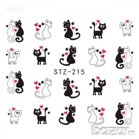 STZ-215 черно бели котки двойка слайдер ваденки водни стикери за нокти маникюр
