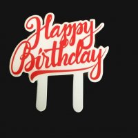 24 бр Happy Birthday червен надпис табелка картон топер топери за кексчета мъфини рожден ден украса, снимка 1 - Други - 24470923