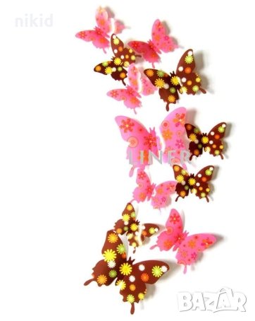 3D 12 бр pvc Розови и кафяви пеперуди на фон цветя самозалепващи пеперуди декорация за стена и мебел, снимка 1