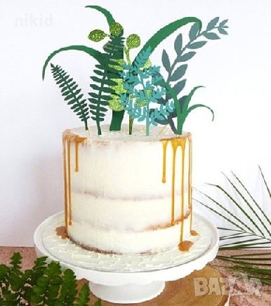 7 бр Изкуствена зеленина растения трева на клечки топери брокатени картон украса декор за торта , снимка 1