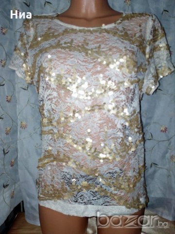 Atmosphere- ажурена блуза в екрю с пайети- L, снимка 2 - Корсети, бюстиета, топове - 21159003