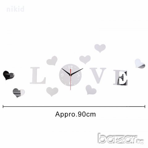 4 цвята 3D сърца LOVE самозалепващ огледален стенен часовник уникален атрактивен дизайн  , снимка 4 - Стенни часовници - 13513397