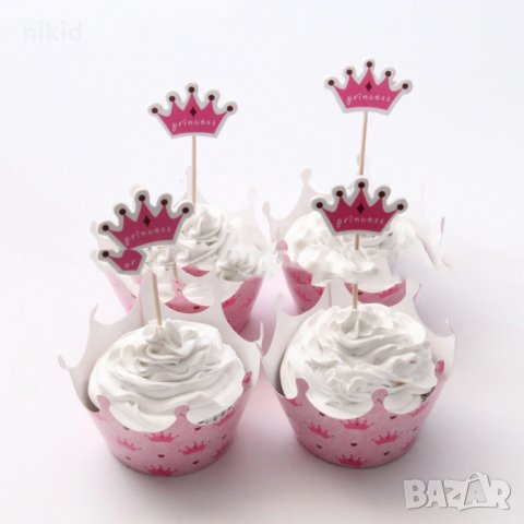 12 бр Розови коронки princess топери и кошнички украса декорация за мъфини кексчета торта и парти, снимка 1 - Други - 23132099