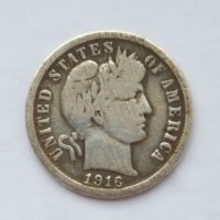 USA  One Barber Dime 1916- Philadelphia Mint, снимка 1 - Нумизматика и бонистика - 21284398