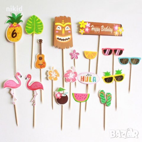 Фламинго Хаваи сет 18 топери клечки украса декор за торта мъфини парти, снимка 1 - Други - 22606107