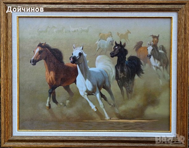 Арабски коне в пустинята, картина с рамка, снимка 1 - Картини - 24712216