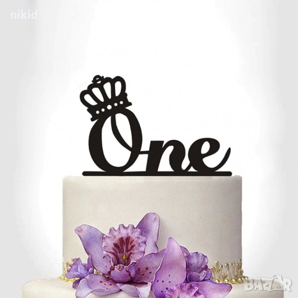 One 1 година корона рожден ден бебе черен твърд Акрил топер за торта украса декорация, снимка 1