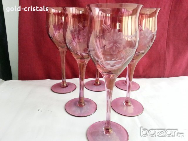  кристални чаши  цветен кристал гравиран, снимка 6 - Антикварни и старинни предмети - 20061877
