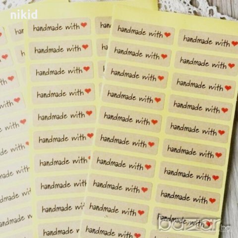 50 бр лепенки стикери с надпис Hand Made  with ❤ ръчна изработка благодаря за подарък и всичко