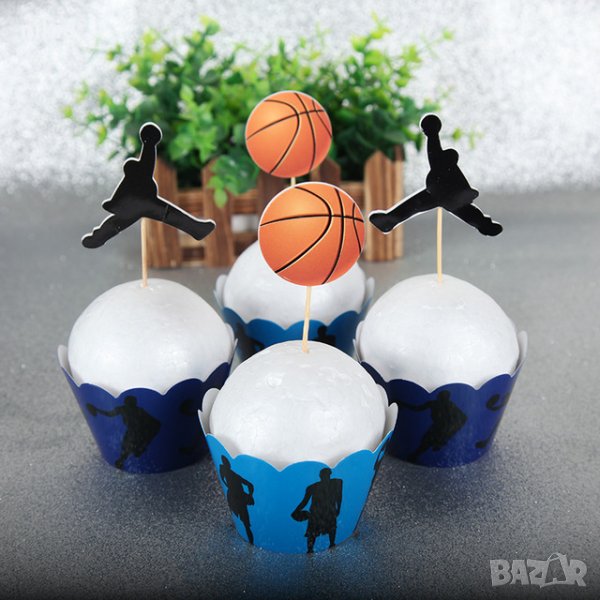 Баскетбол Баскетболисти 12 бр топери и кошнички украса декорация за мъфини кексчета парти, снимка 1