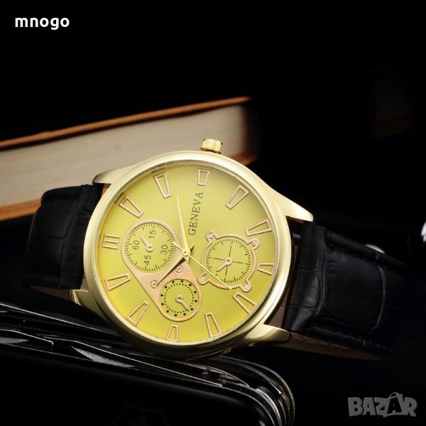 Дамски часовник с кожена каишка стилен нов жълто Geneva, снимка 1