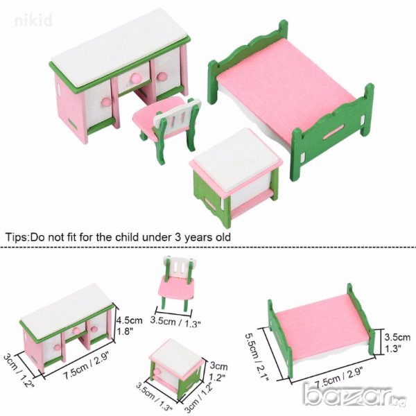 комплект за детска играчка дървена къща обзавеждане детска стая бюро легло стол нощен шкаф, снимка 1