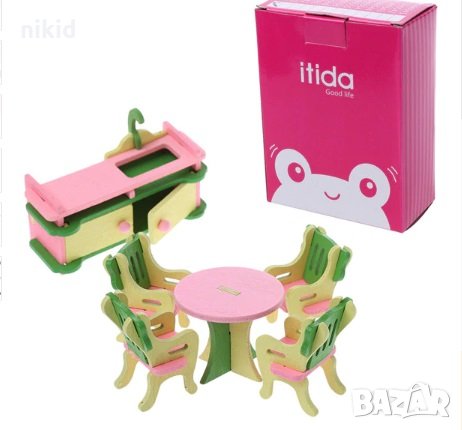 комплект за детска играчка дървена къща обзавеждане за кухня мивка с маса и 4 стола, снимка 1