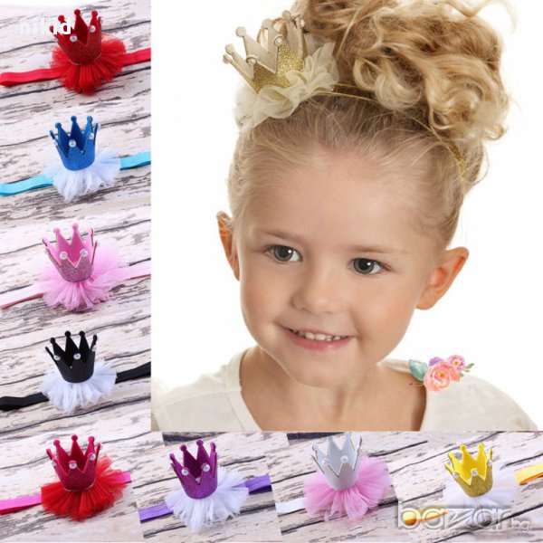 лента корона за коса глава за принцеса бебе на ластик с мъниста и брокат, снимка 1