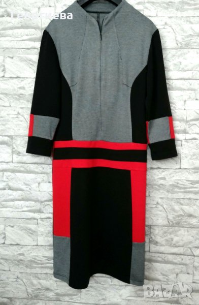 Спортно-елегантна рокля в сиво,червено и черно, снимка 1