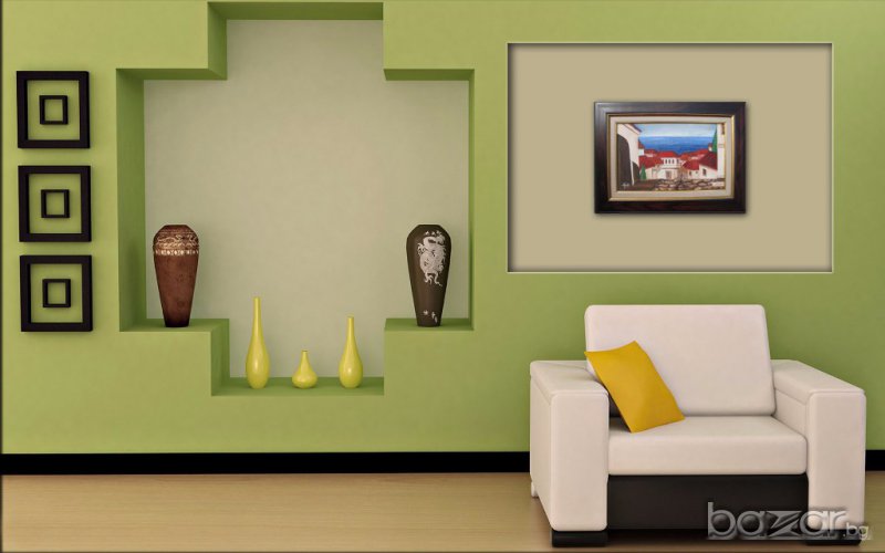 "Морски къщи", маслена картина, Стен Леон, Отличие за стил на галерия Sala Dalmau, Барселона, Исп., снимка 1