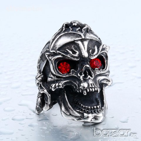 Пръстен мъжки стомана череп+камъни,., снимка 4 - Пръстени - 17793256