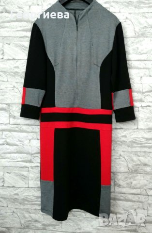Спортно-елегантна рокля в сиво,червено и черно, снимка 1
