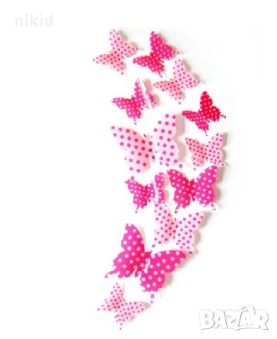 3D 12 бр pvc розови на бели точки самозалепващи пеперуди декорация за стена и мебел, снимка 1 - Декорация за дома - 22590808